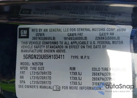 2005 Hummer H2 Suv from USA, damaged, VIN 5GRGN23U65H103411
